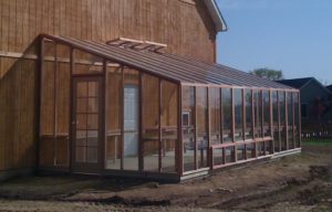 Large lean-to greenhouse kit made with glass and redwood.