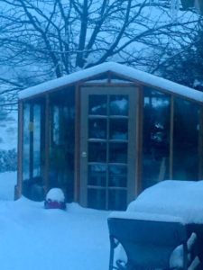 Redwood climate controlled greenhouse kit in a snowy backyard.