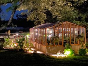 greenhouse lit up at night