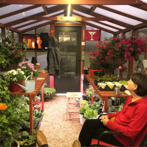 inside cozy greenhouse with woman in chair